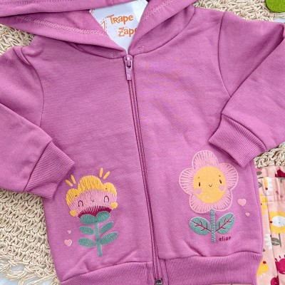 Conj. Jaqueta com Capuz Duas Florzinhas e Calça Legging - Uva e Pêssego 